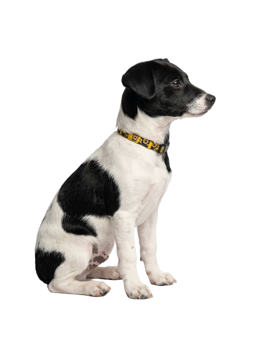 Perra blanca y negra sentada de perfil con collar amarillo