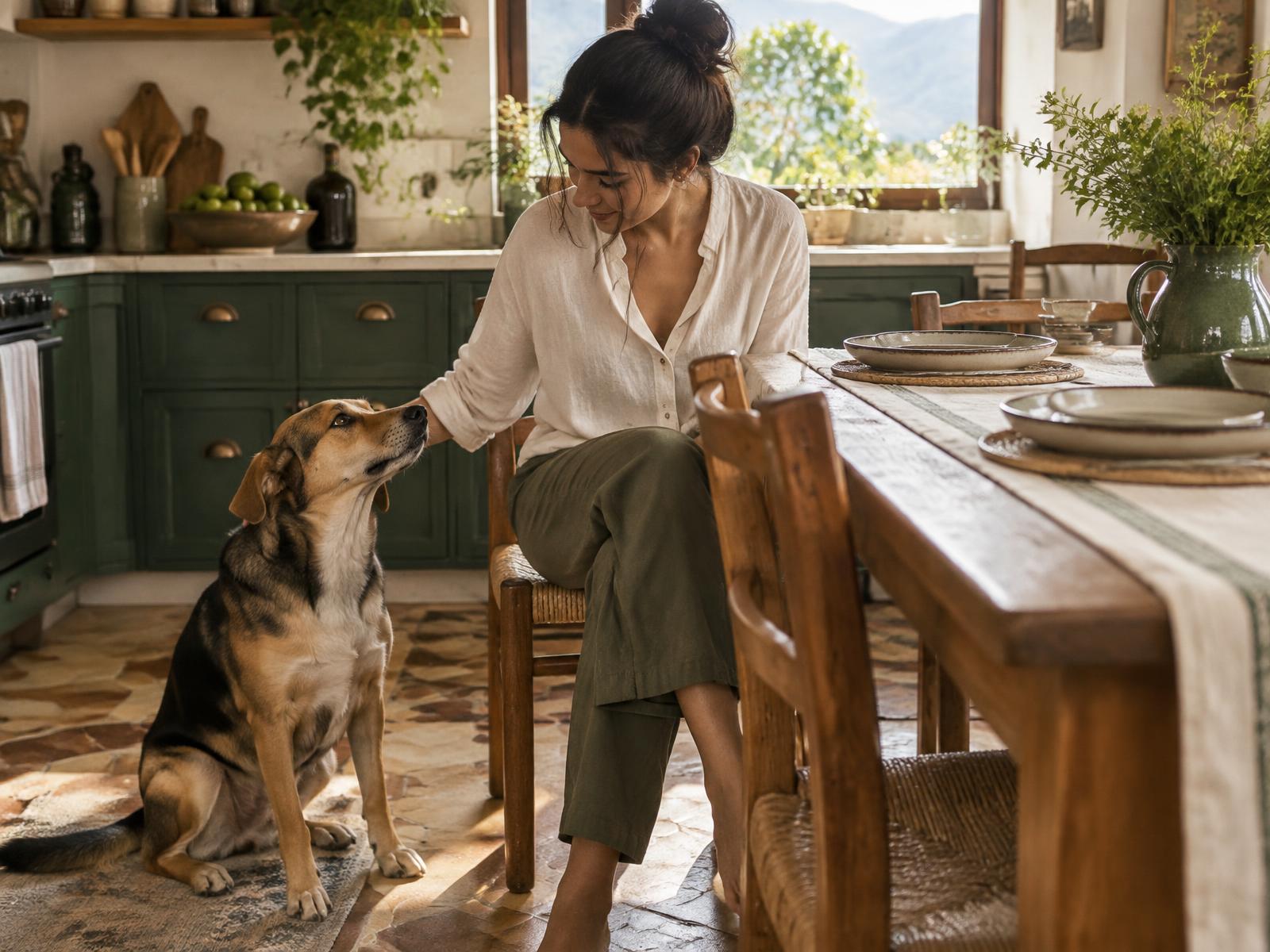 Una mujer acaricia a su perro junto a la mesa de su cocina