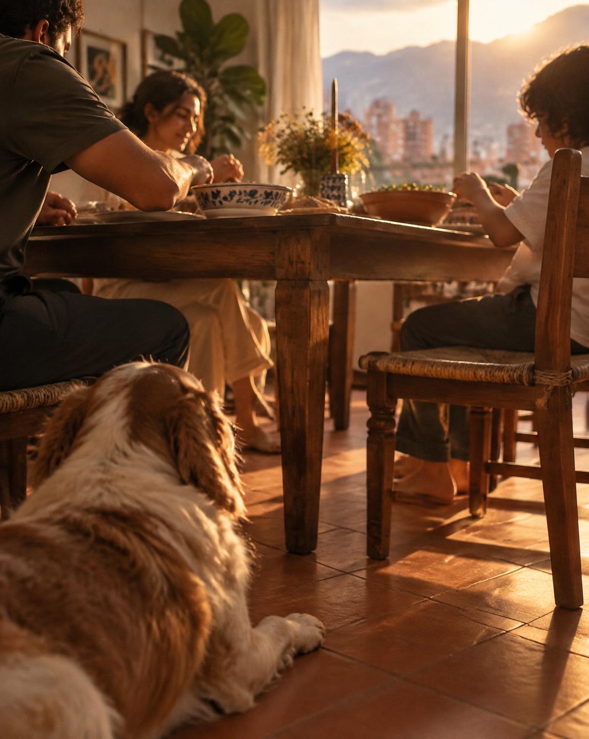 Una familia cena mientras su perro descansa junto a la mesa